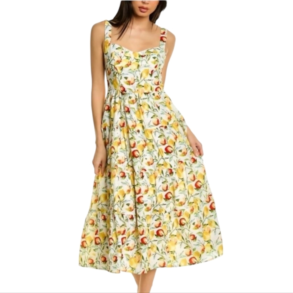 Aqua Fruit Medley Tiered Yellow Sweetheart Neckline Midi Sundress Size L